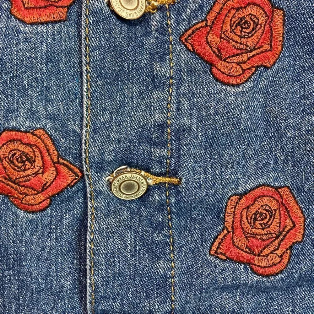 Denim Distressed Rose Embroidered Button Down Skirt - Picture 6 of 15